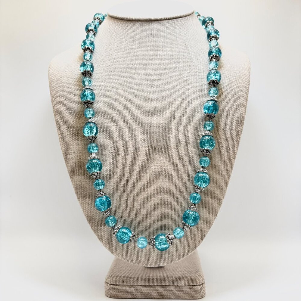 VTG Blue Swirl Bead Silver Scroll Cap Necklace Retro 50's Strand 25" Length